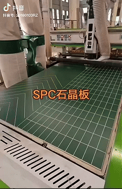 SPC wall panel CNC routing process using a CNC machine to cut V and U grooves trimming and chamfering ensuring precise panel joining structural processing and maintaining a flat wall surface