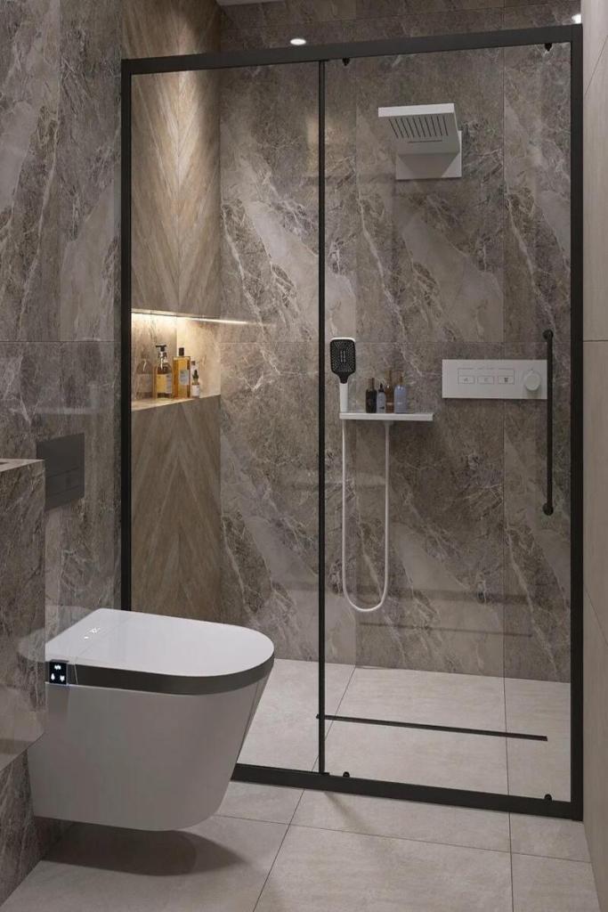 Luxury marble bathroom wall panel with natural veining pattern