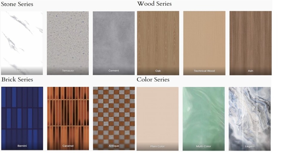 spc wall panel color include stone, wood, brick and solid color series
