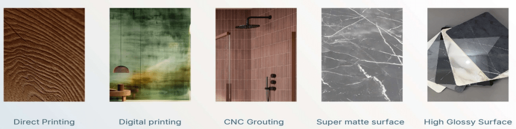 SPC wall panels available in wood, stone, solid, and brick series for flexible design options, while acrylic wall panels are limited to solid colors only