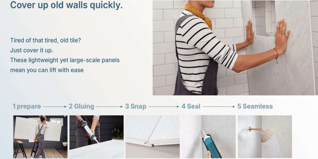 SPC and acrylic wall panels being measured, cut, and drilled with standard woodworking tools, then installed using silicone adhesive and double-sided tape for easy DIY projects.