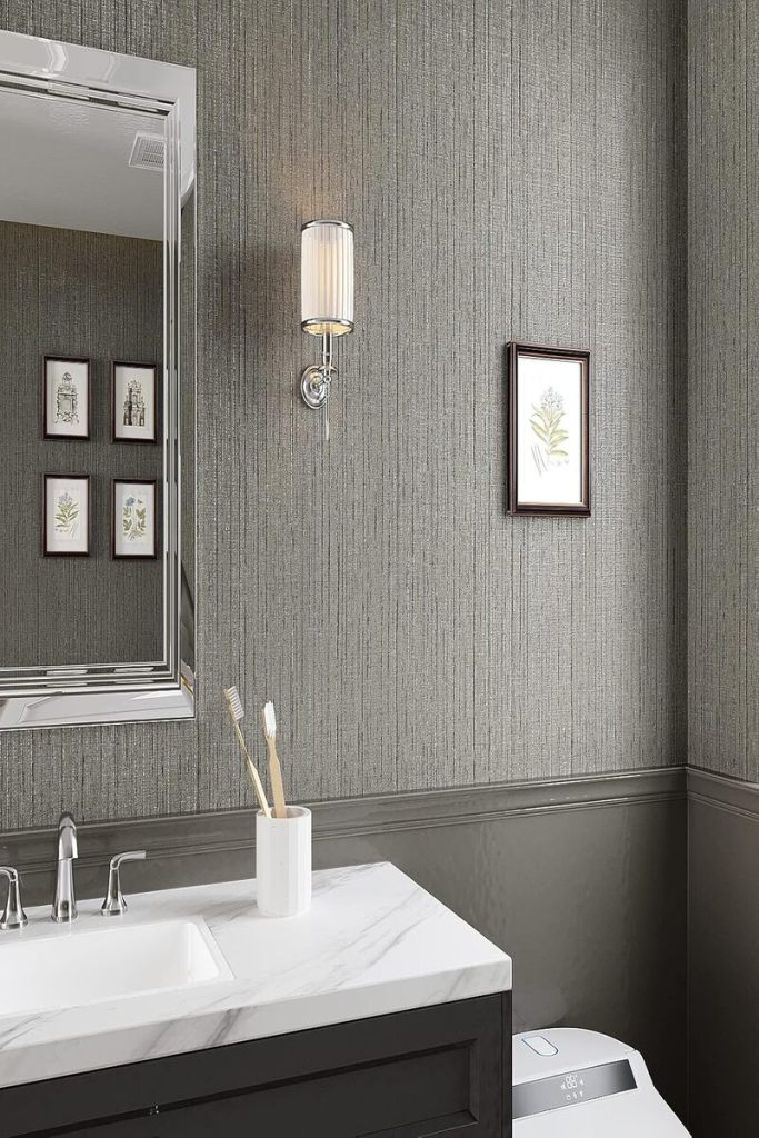 Vinyl wallpaper bathroom wall design with wood grain pattern
