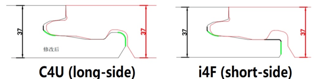 Close-up view of an SPC wall panel with the i4F locking system, C4U for longside and i4F for shortside