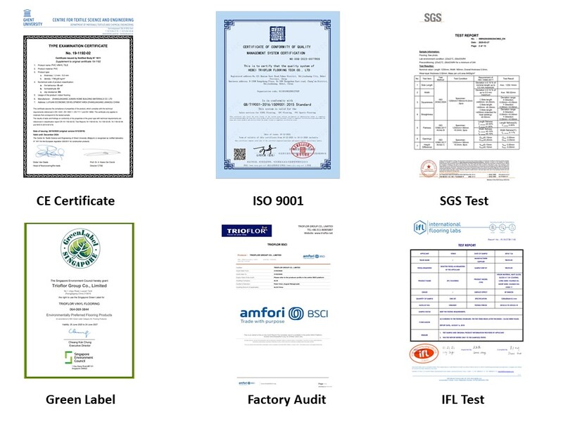 Collection of certifications for Trioflor SPC wall panels, including CE Certificate, ISO 9001, SGS Test, Green Label, Factory Audit, and IFL Test, demonstrating compliance and product reliability