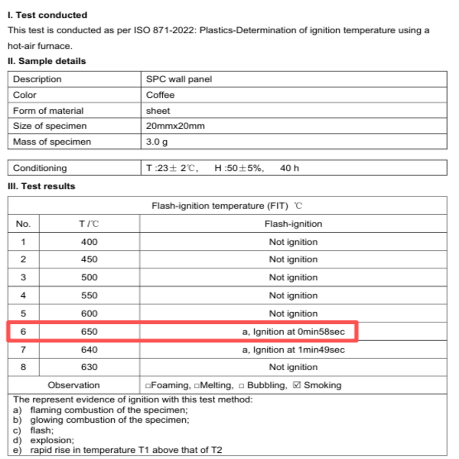 SGS ignition temperature test report of Trioflor SPC wall panels showing up to 650°C based on ISO 871 standard
